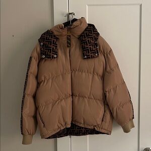 Fendi Tan Puffer Jacket with Logo Details